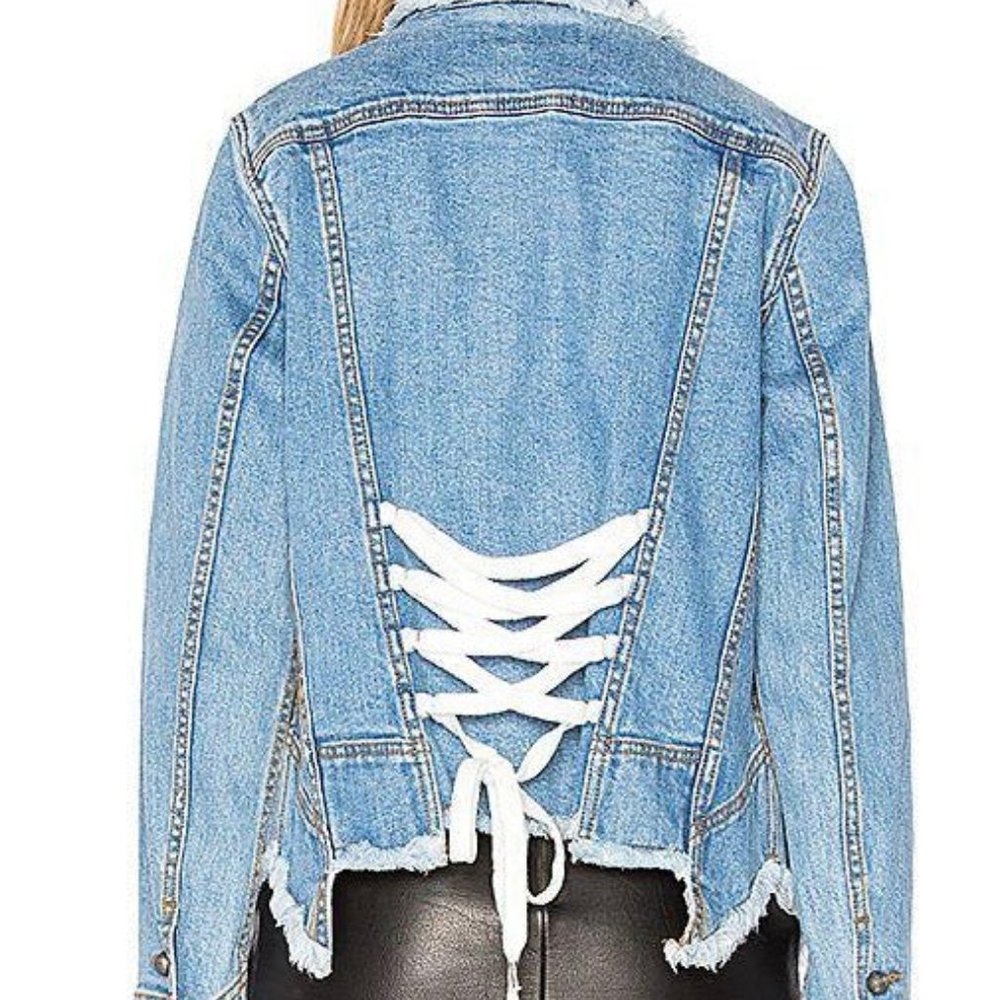 Aje Blue Denim Jacket with White Lace-Up Detail